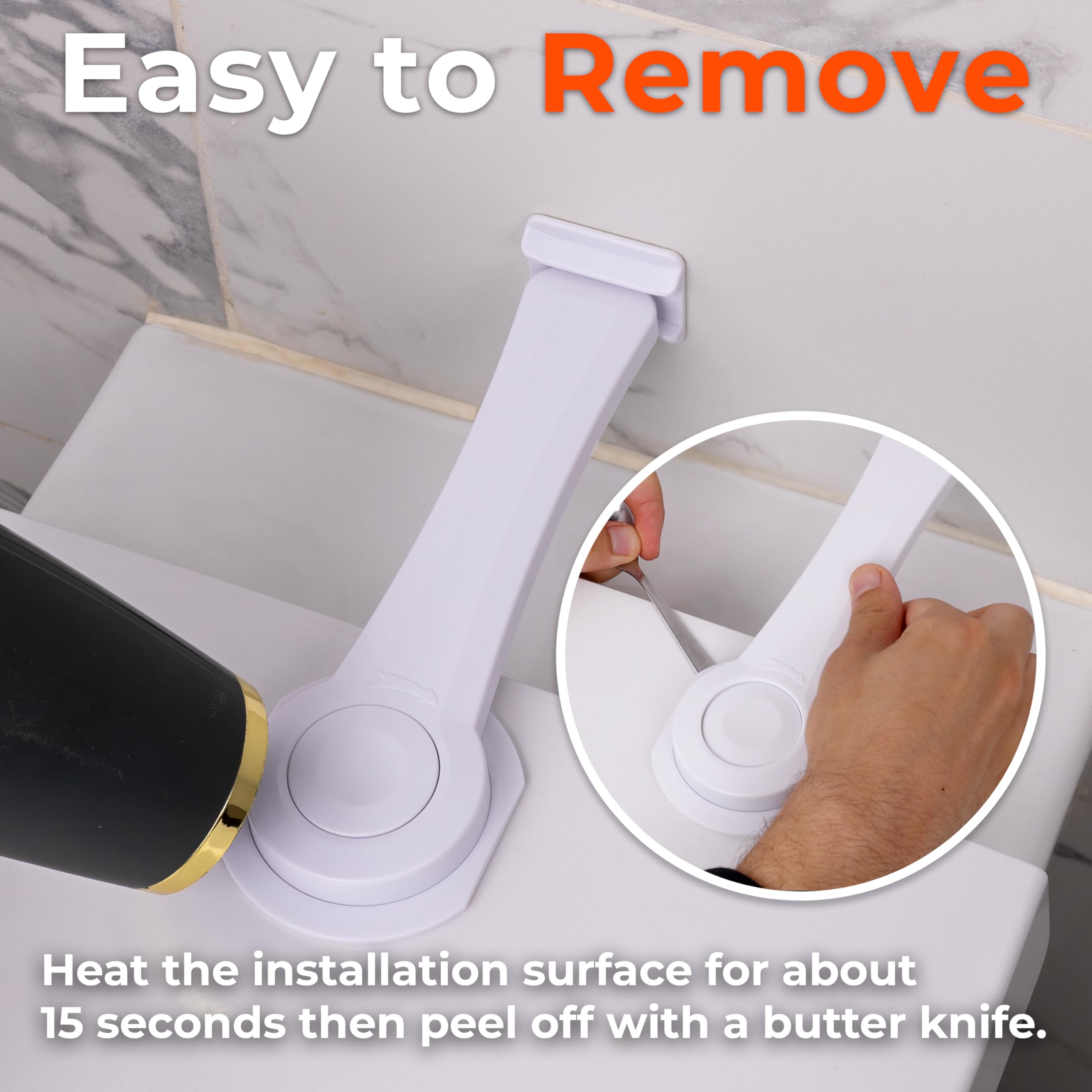 HomeBrella toilet locks adhesive demonstrates strong grip without toilet damage.