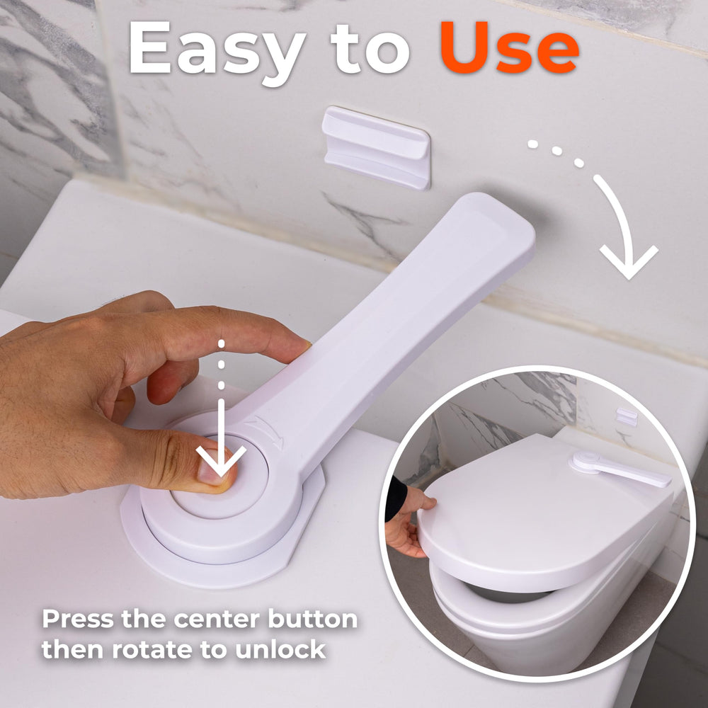 HomeBrella universal-fit lock works with round and elongated seats for versatile bathrooms.