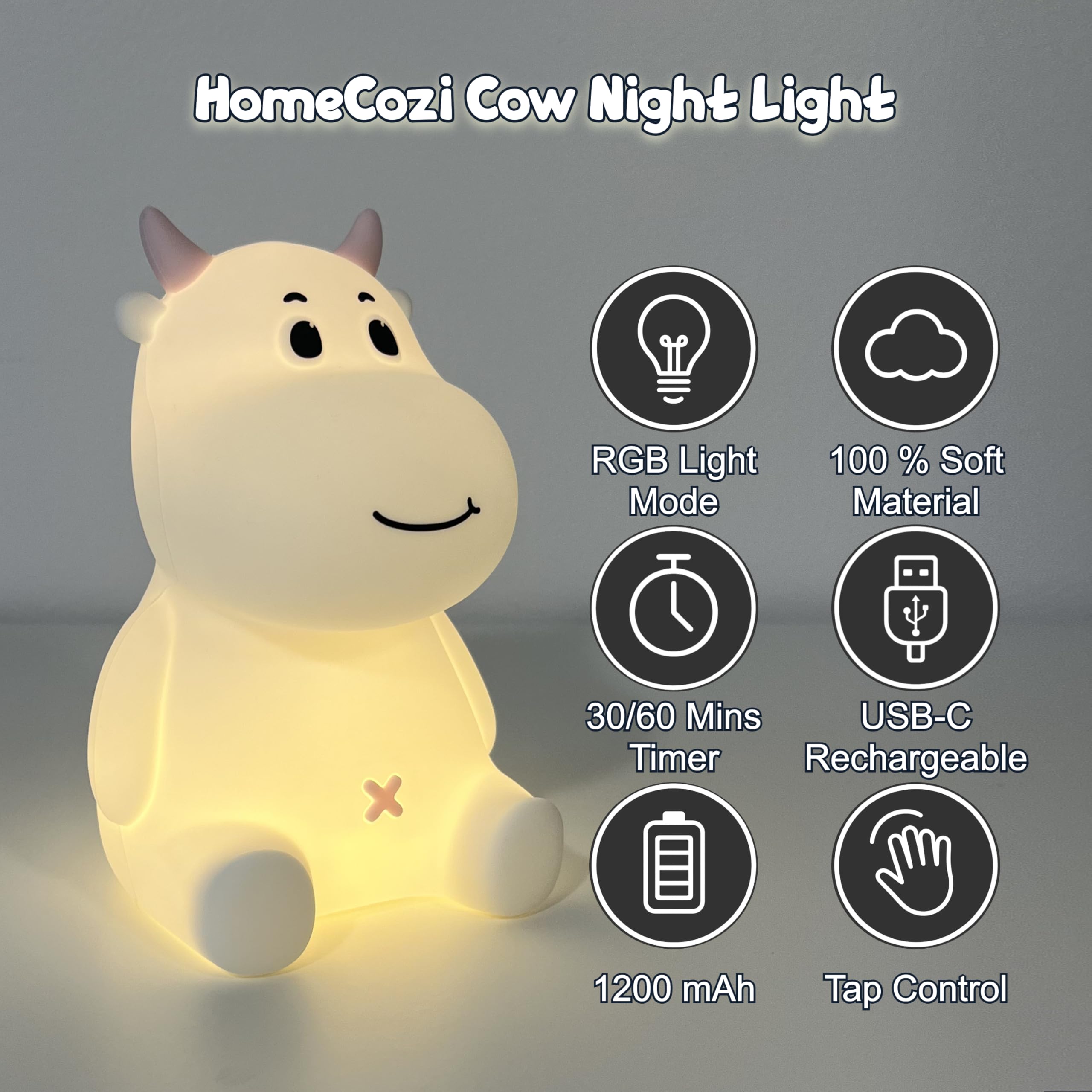 HomeCozi Cute Cow Night Light brightness settings highlight three adjustable levels for bedtime