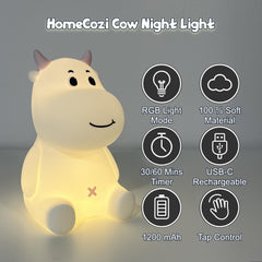 HomeCozi Cute Cow Night Light brightness settings highlight three adjustable levels for bedtime