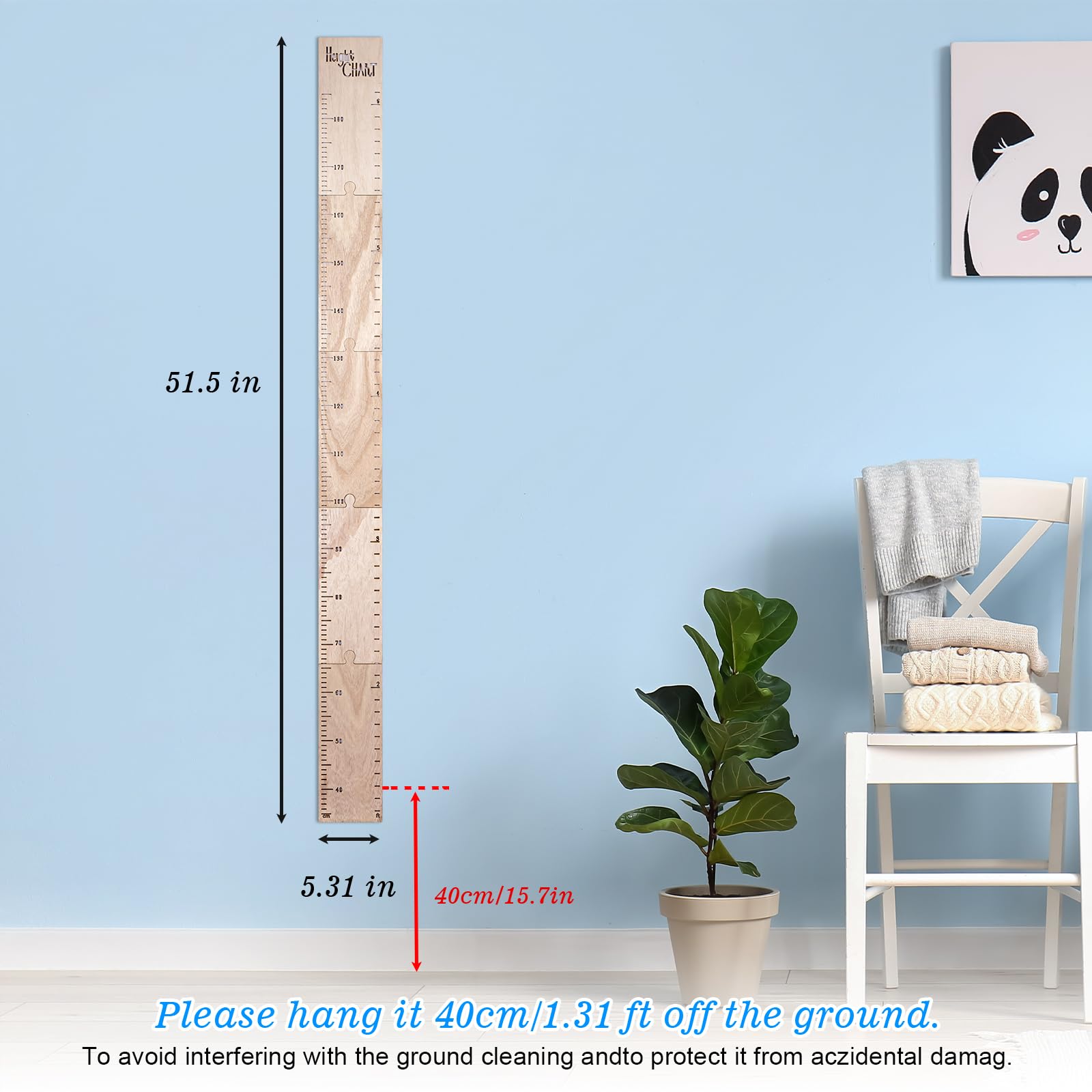 HOMEE growth chart wood grain closeup highlights natural wood and safe ink features.