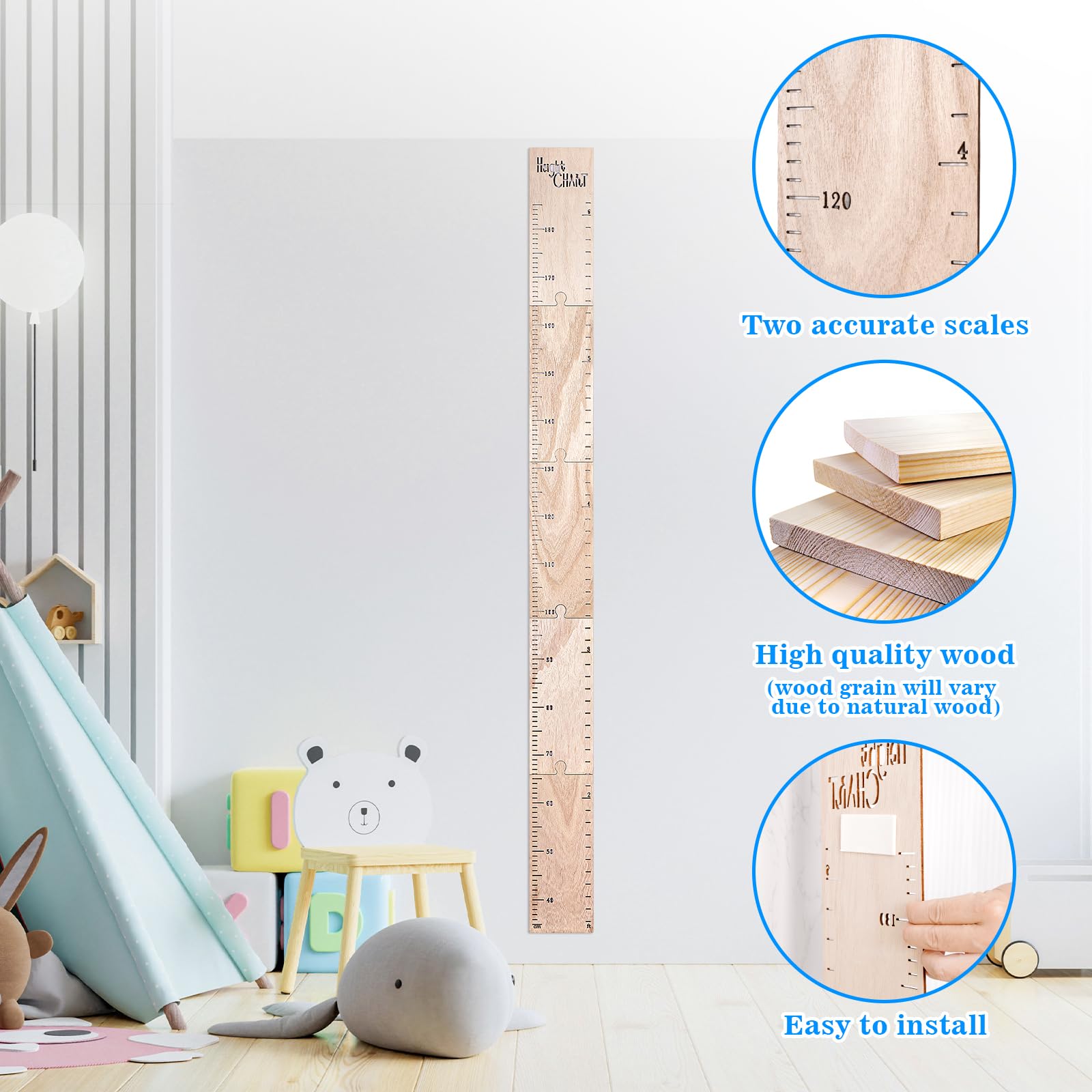 HOMEE height chart in use shows dual-inch and centimeter measurement.