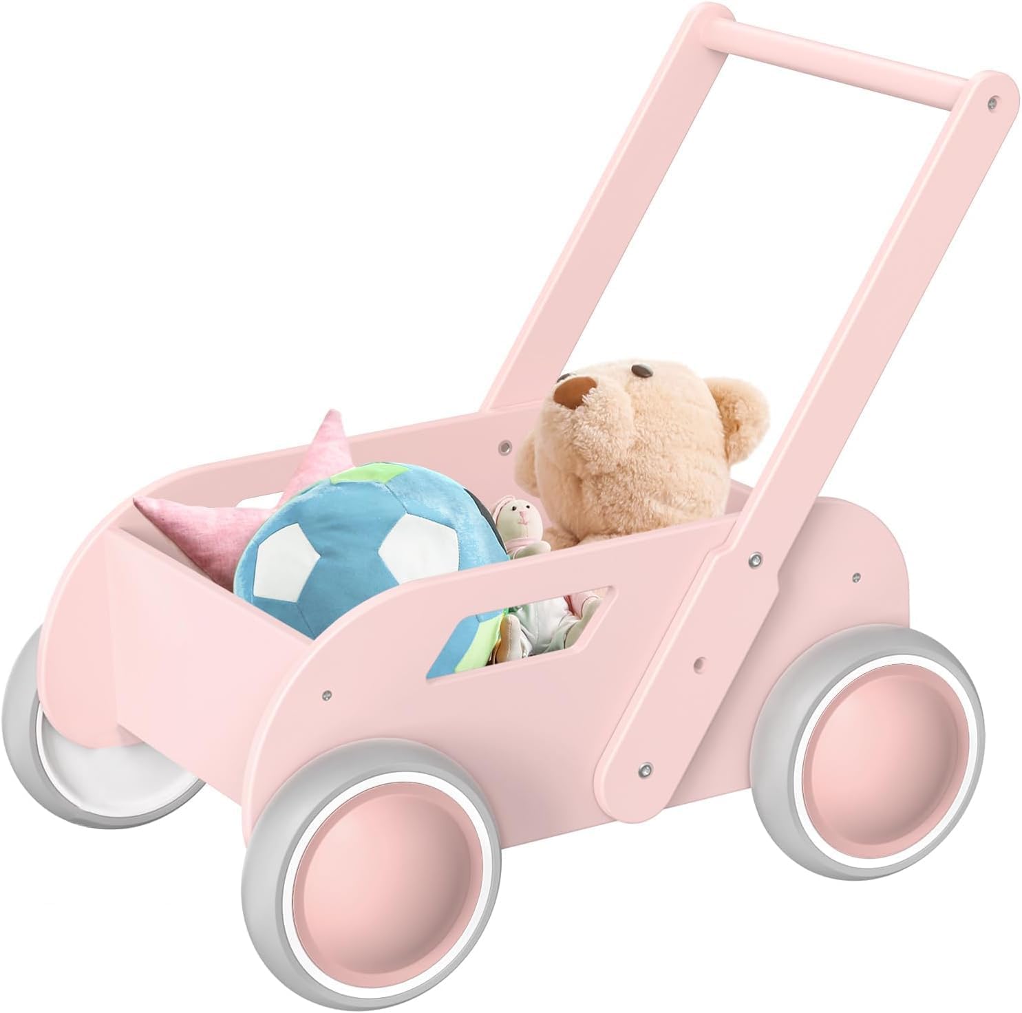 HOMEKOL wooden baby walker front view in nature pink showing overall design