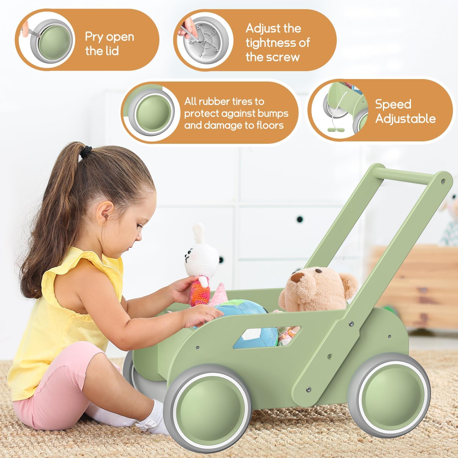 HOMEKOL wooden baby walker quiet wheels glide softly on floors for calm exploration
