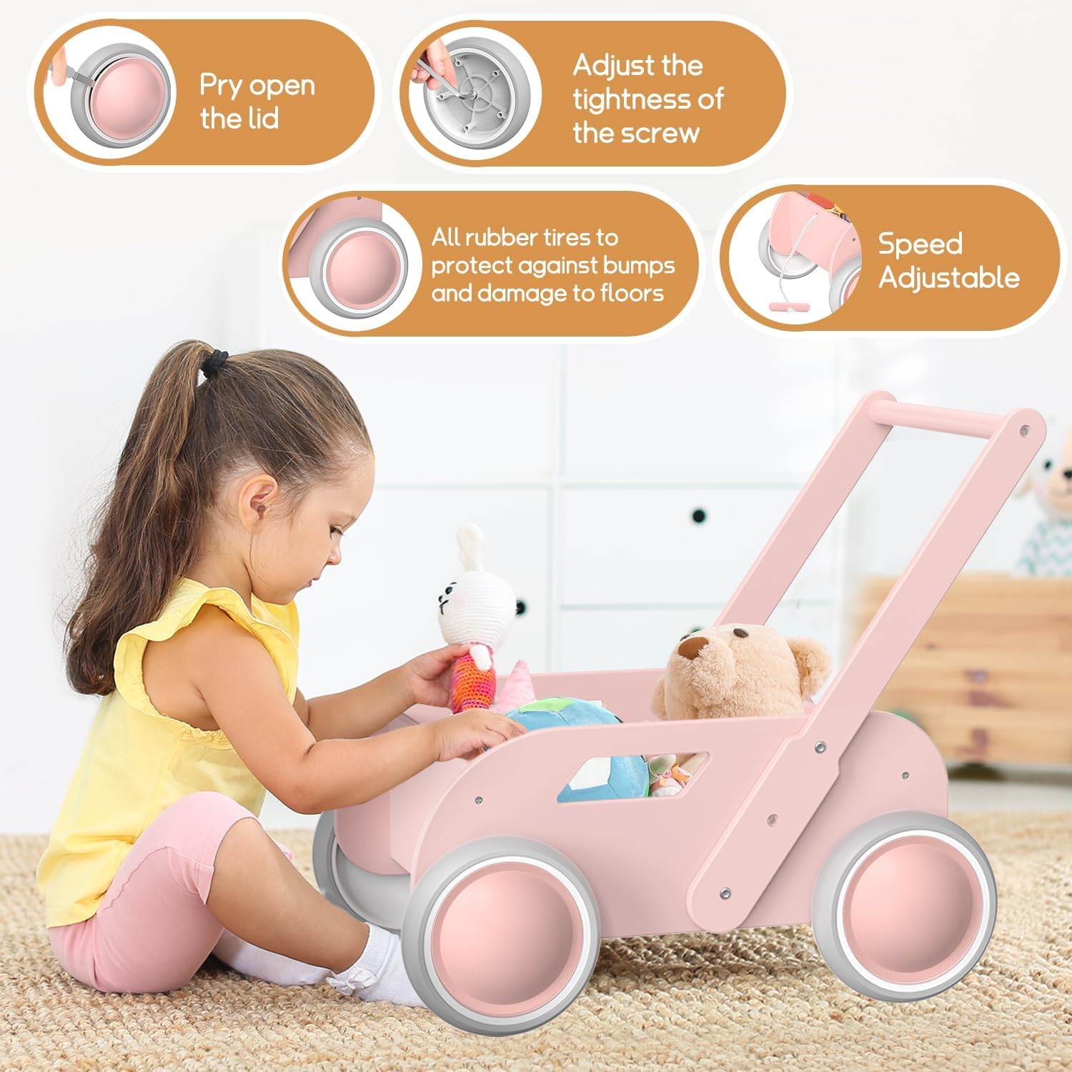 HOMEKOL wooden baby walker mute rubber wheels protecting floors