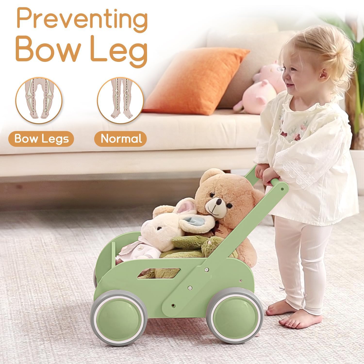 HOMEKOL wooden baby walker side view highlights adjustable handlebar for growing toddlers