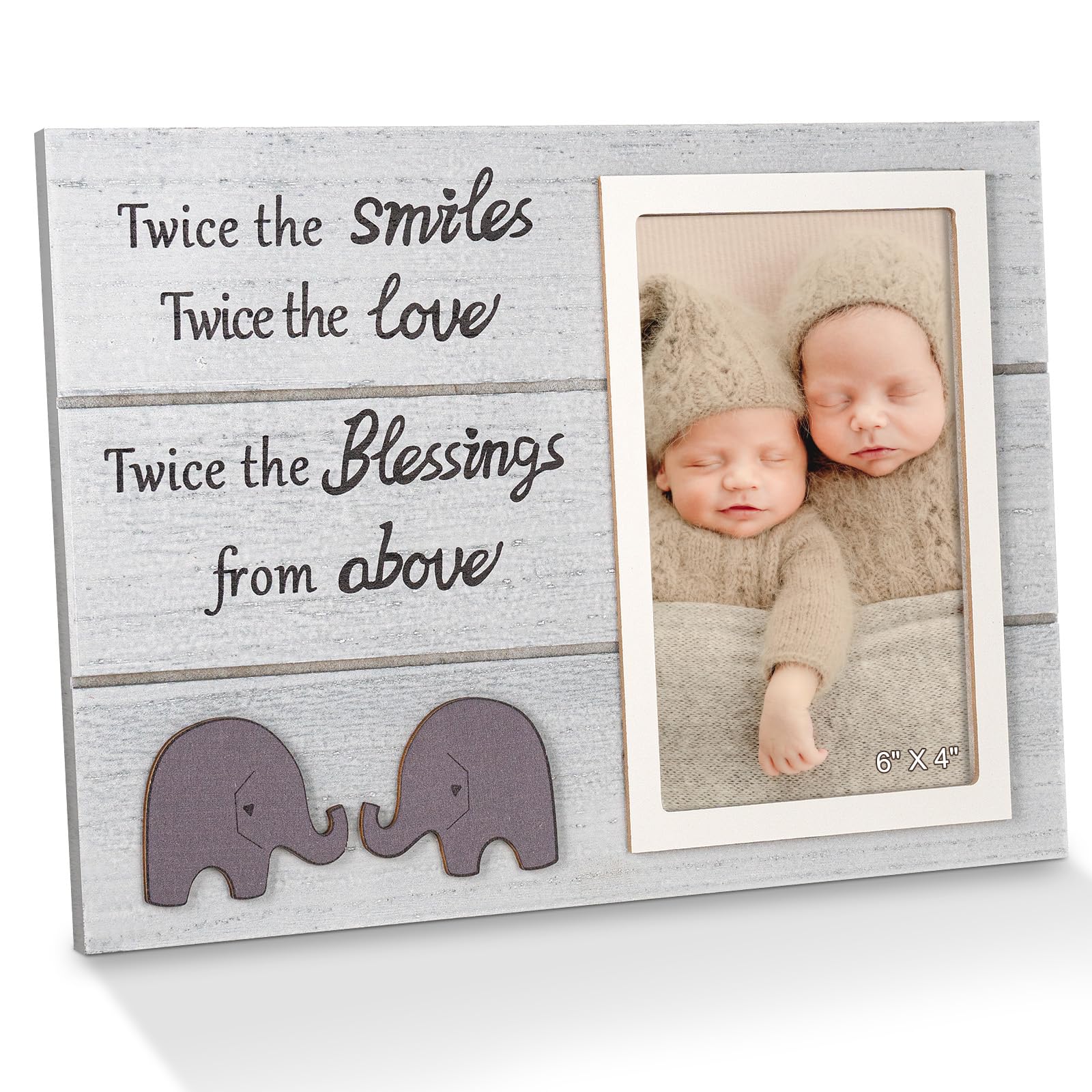 Homeny twins photo frame 4x6 white with elephant pattern for nursery memories