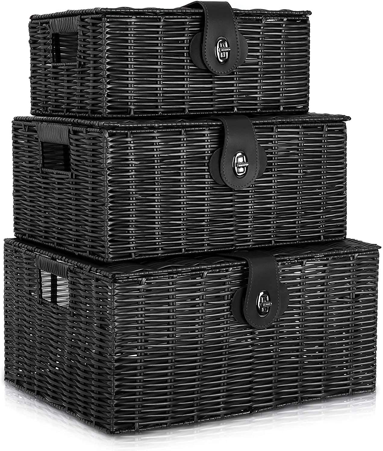 Homepeaz 3-piece woven storage baskets with lids for tidy, stylish storage in black
