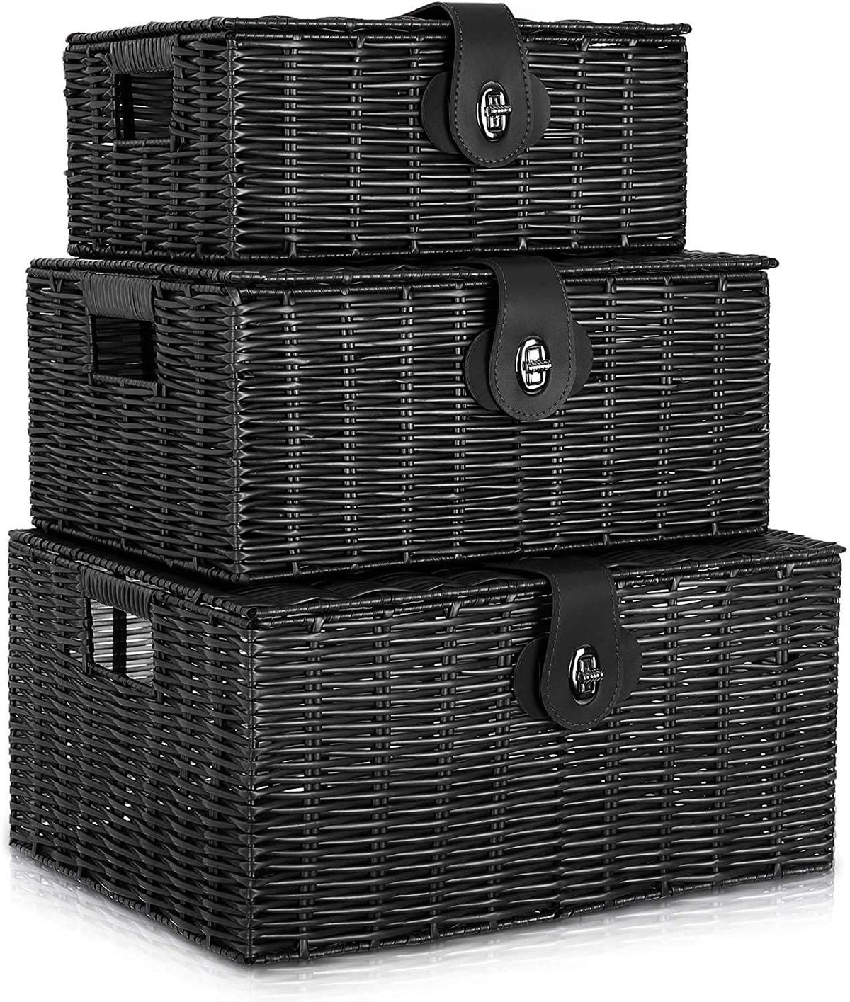 Homepeaz 3-piece woven storage baskets with lids for tidy, stylish storage in black
