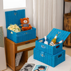 Homepeaz locking lid wicker basket keeps contents secure and hidden.
