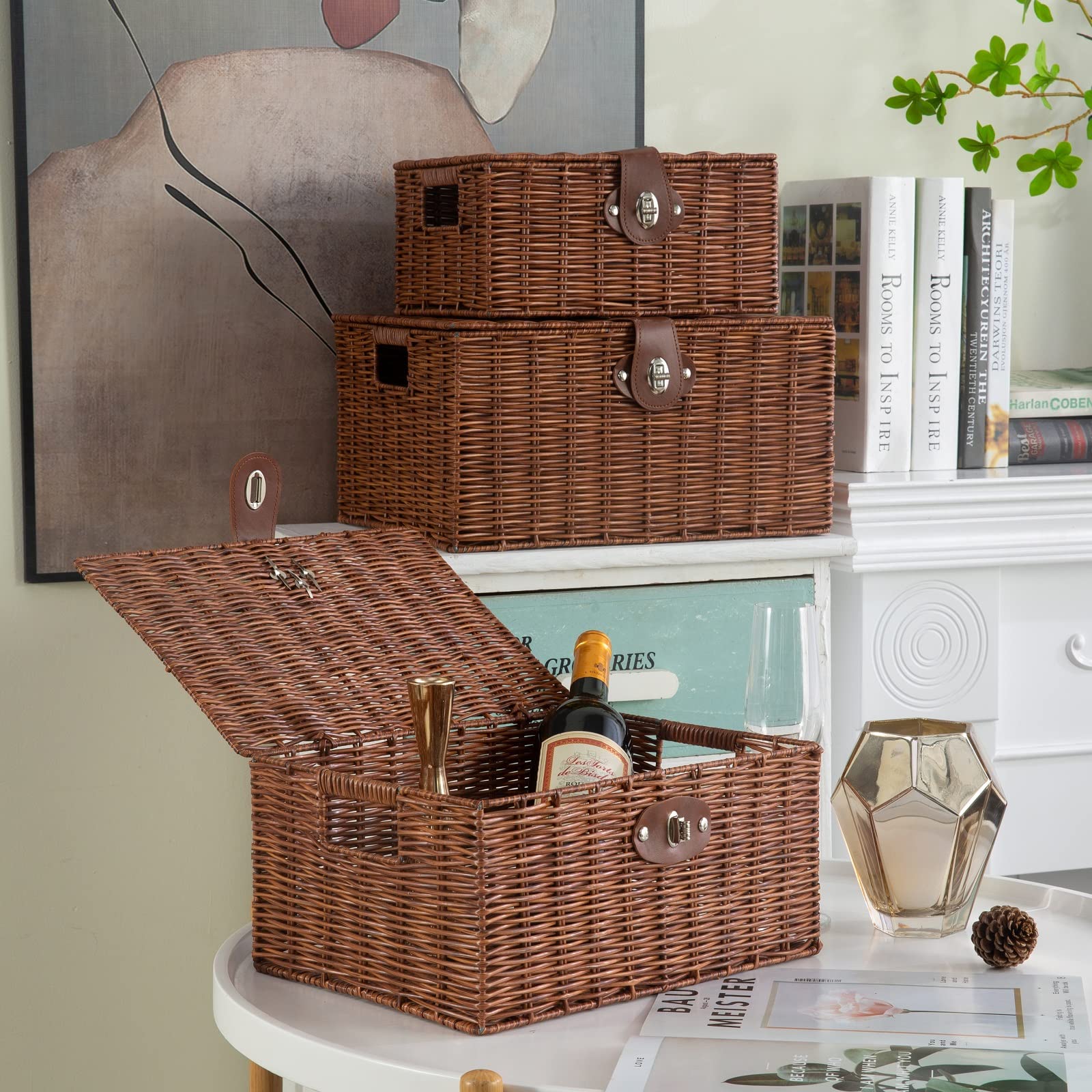 Homepeaz small basket with leather-look strap lock adds secure closure.