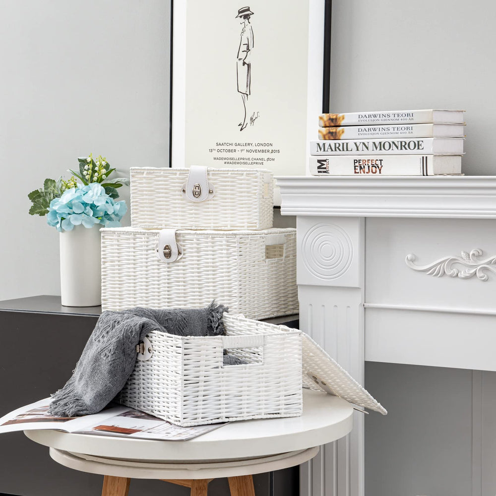 Homepeaz white woven storage basket with lid on shelf keeps bathroom essentials tidy