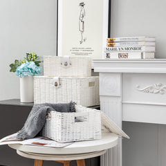 Homepeaz white woven storage basket with lid on shelf keeps bathroom essentials tidy