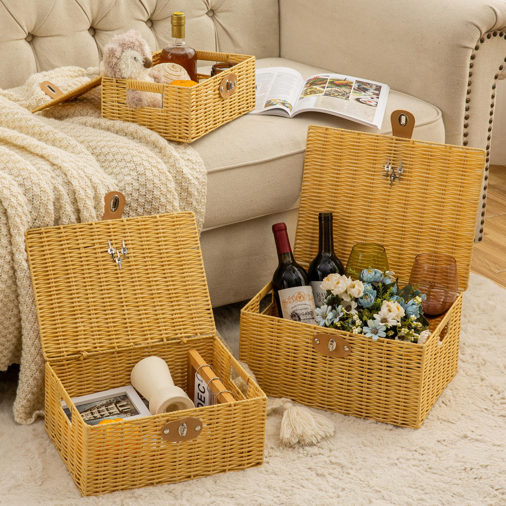 Homepeaz wicker storage baskets lids beige medium size used on shelf