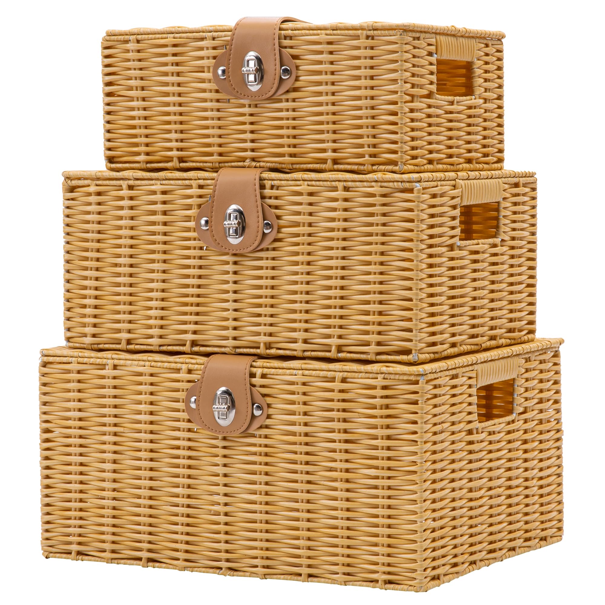 Homepeaz wicker storage baskets lids beige set of 3 arranged for clutter-free organization
