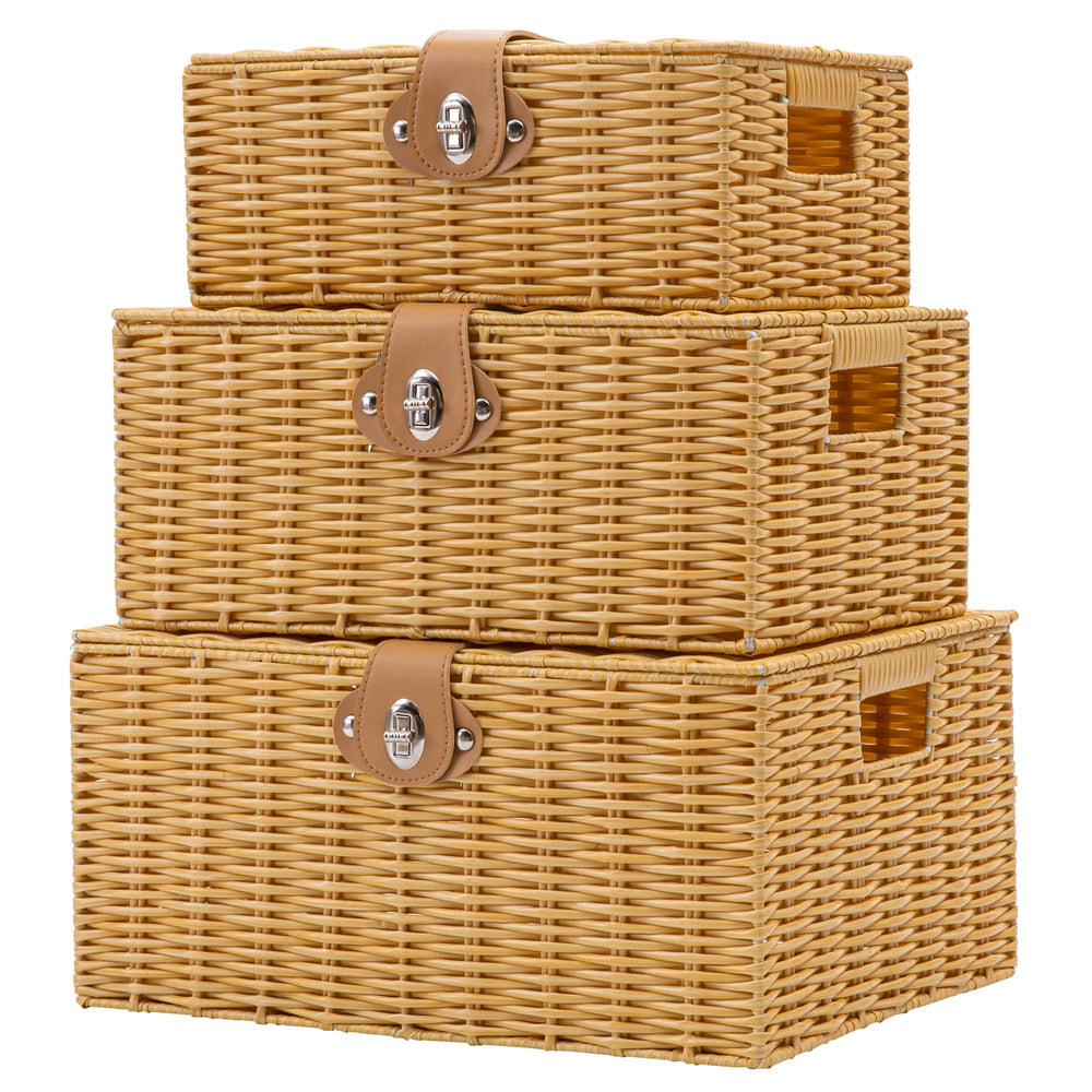 Homepeaz wicker storage baskets lids beige set of 3 arranged for clutter-free organization
