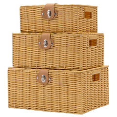 Homepeaz wicker storage baskets lids beige set of 3 arranged for clutter-free organization