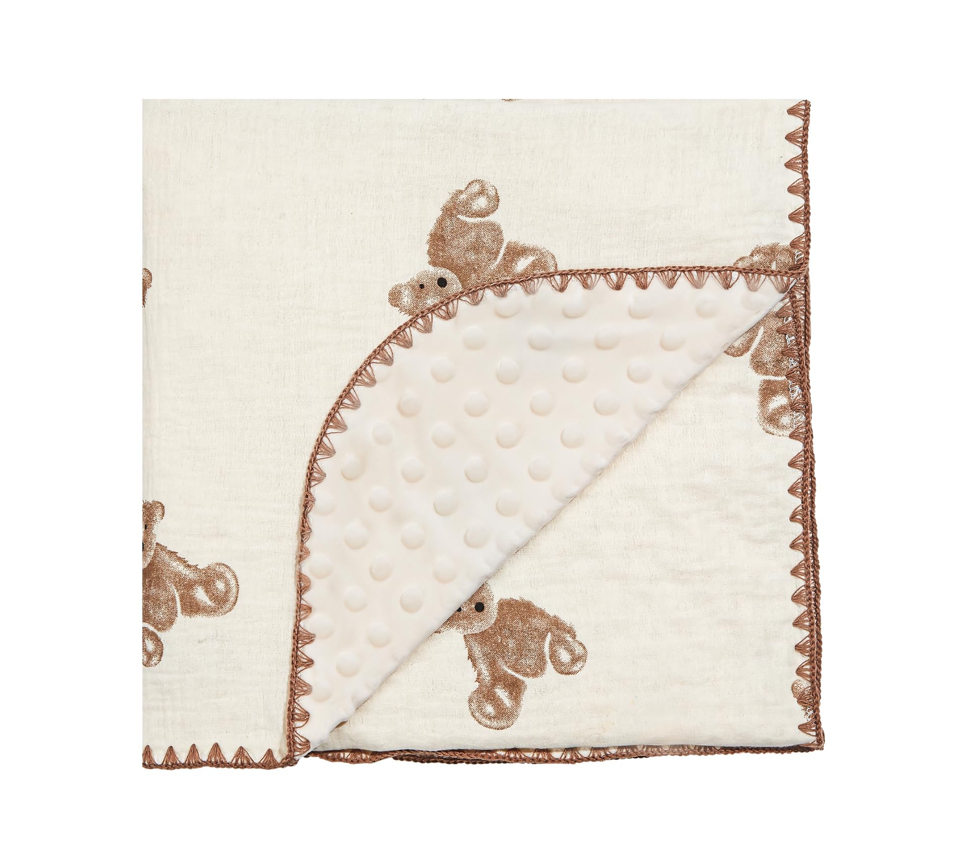 HomeyHues baby blanket close-up shows brown bear pattern and soft, breathable texture for cozy naps.