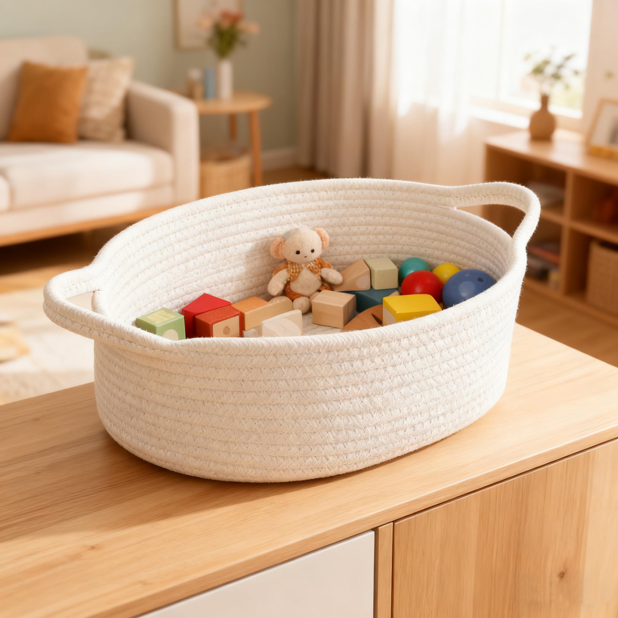 HomeyPine baby toy storage basket keeps toys organized and easy to reach.