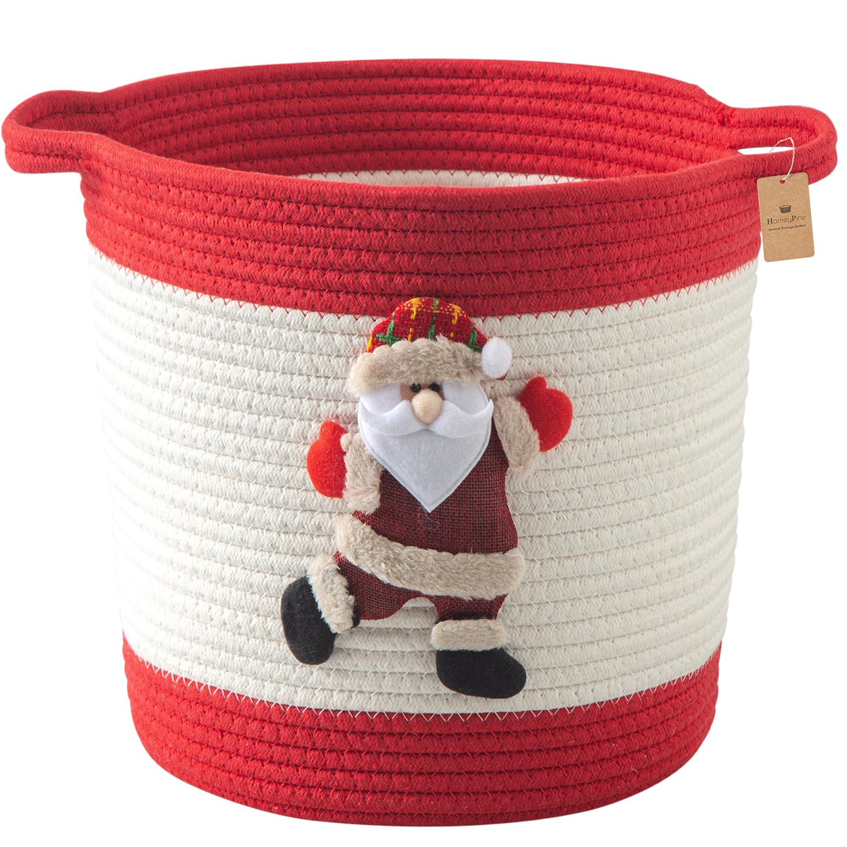 HomeyPine Christmas basket with Santa doll showing festive storage for toys and gifts.