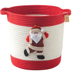 HomeyPine Christmas basket with Santa doll showing festive storage for toys and gifts.