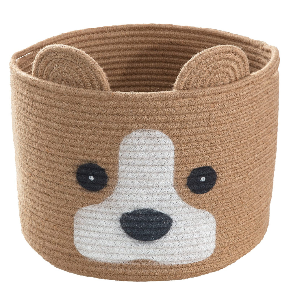 HomeyPine dog-shaped basket in living room demonstrates decorative storage for cushions and toys