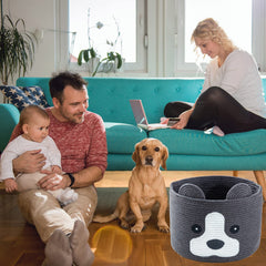 HomeyPine dog-shaped basket in living room blends décor with storage.