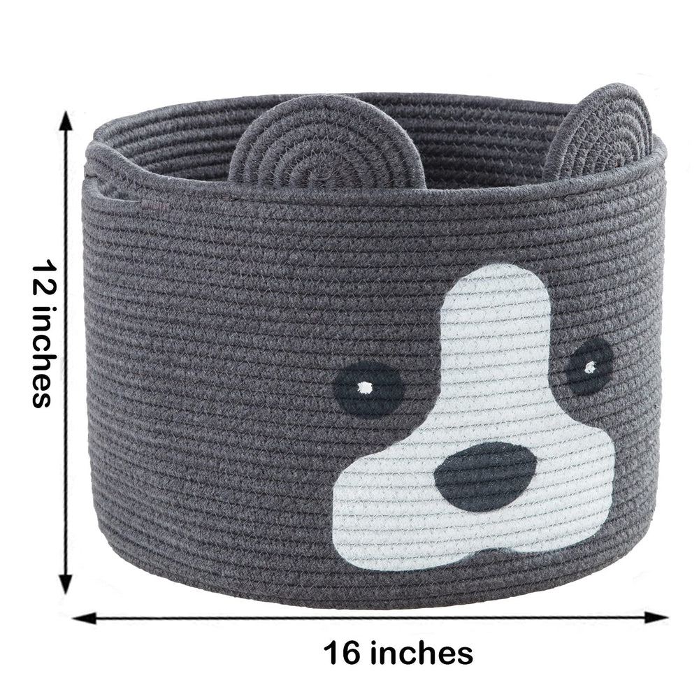HomeyPine dog-shaped basket in use storing blankets and towels.