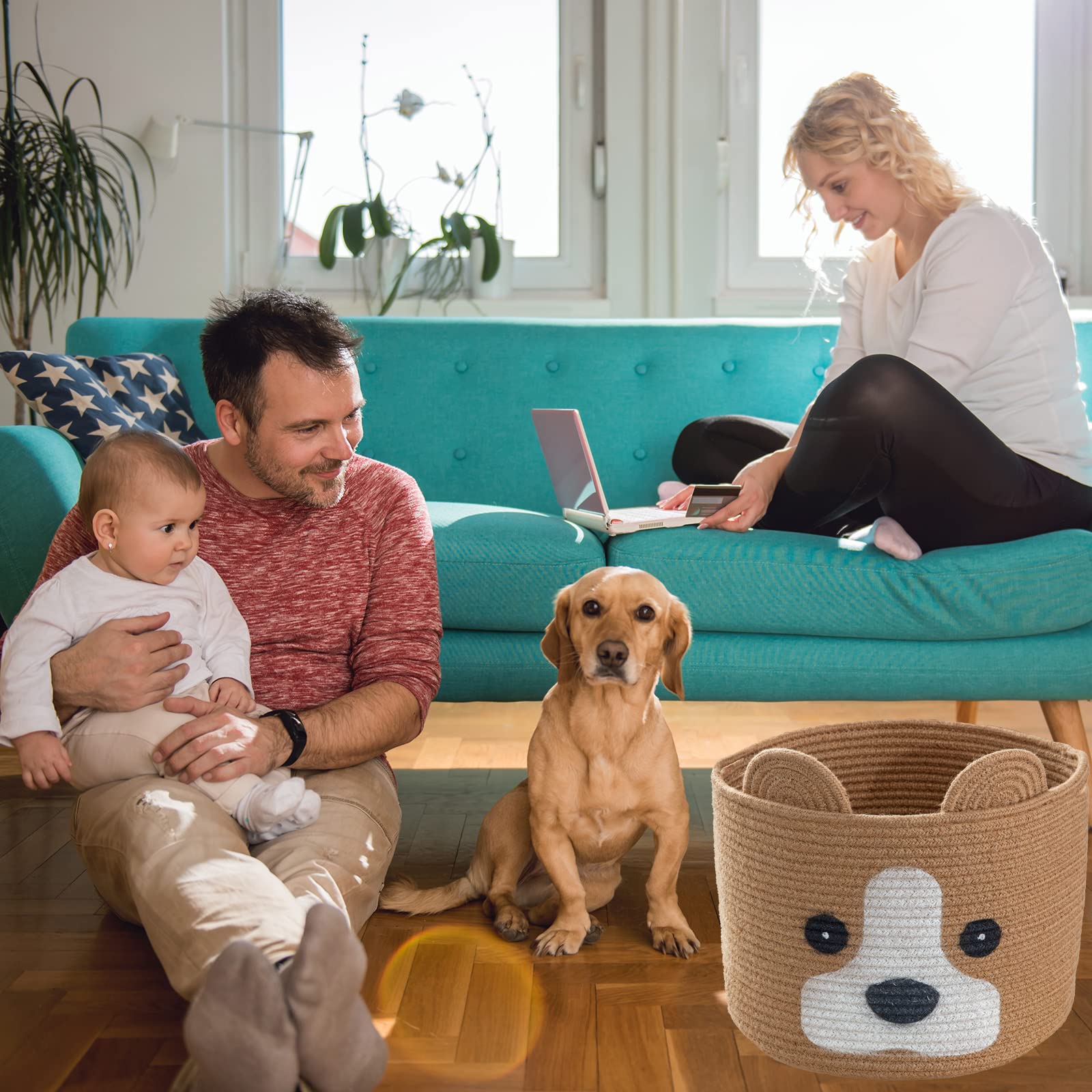 HomeyPine dog-shaped basket filled with towels shows practical storage for towels and baby items