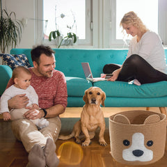 HomeyPine dog-shaped basket filled with towels shows practical storage for towels and baby items