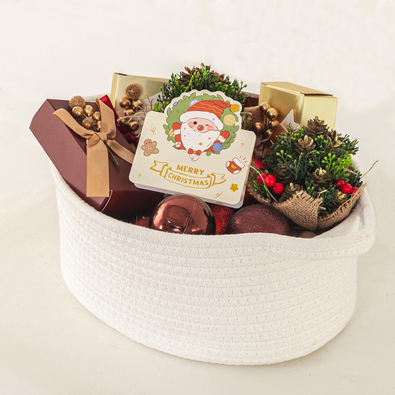 HomeyPine rope gift basket handles emphasizes easy transport and practical storage.