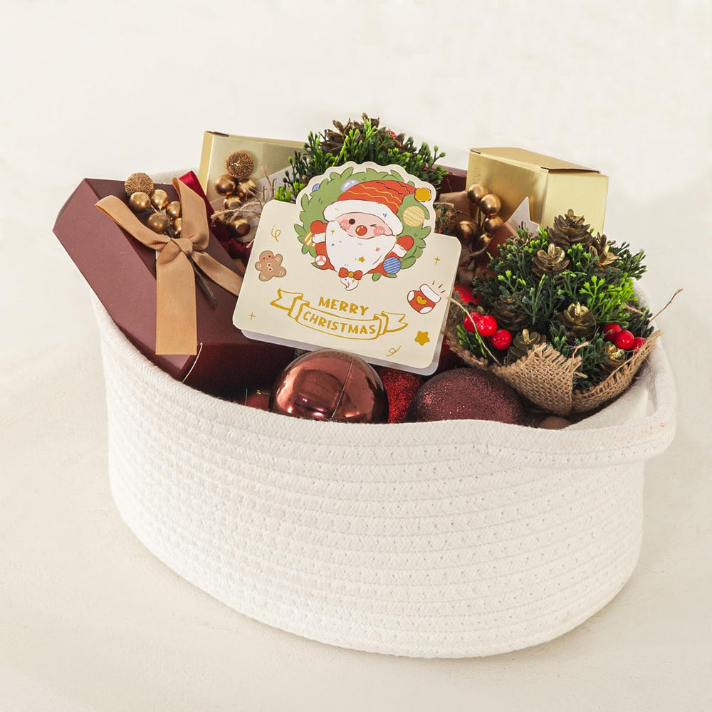 HomeyPine rope gift basket handles emphasizes easy transport and practical storage.