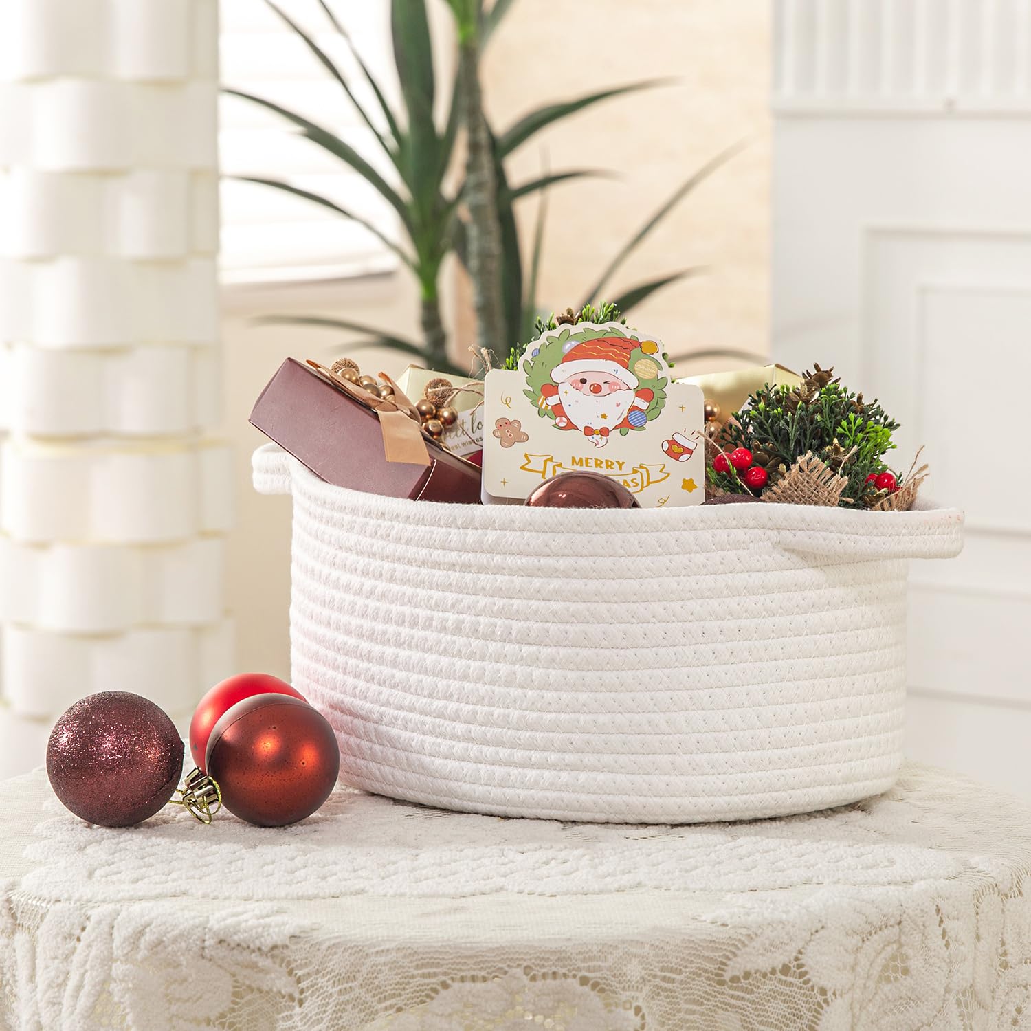 HomeyPine white decorative basket showcases clean modern look for nursery or living room.