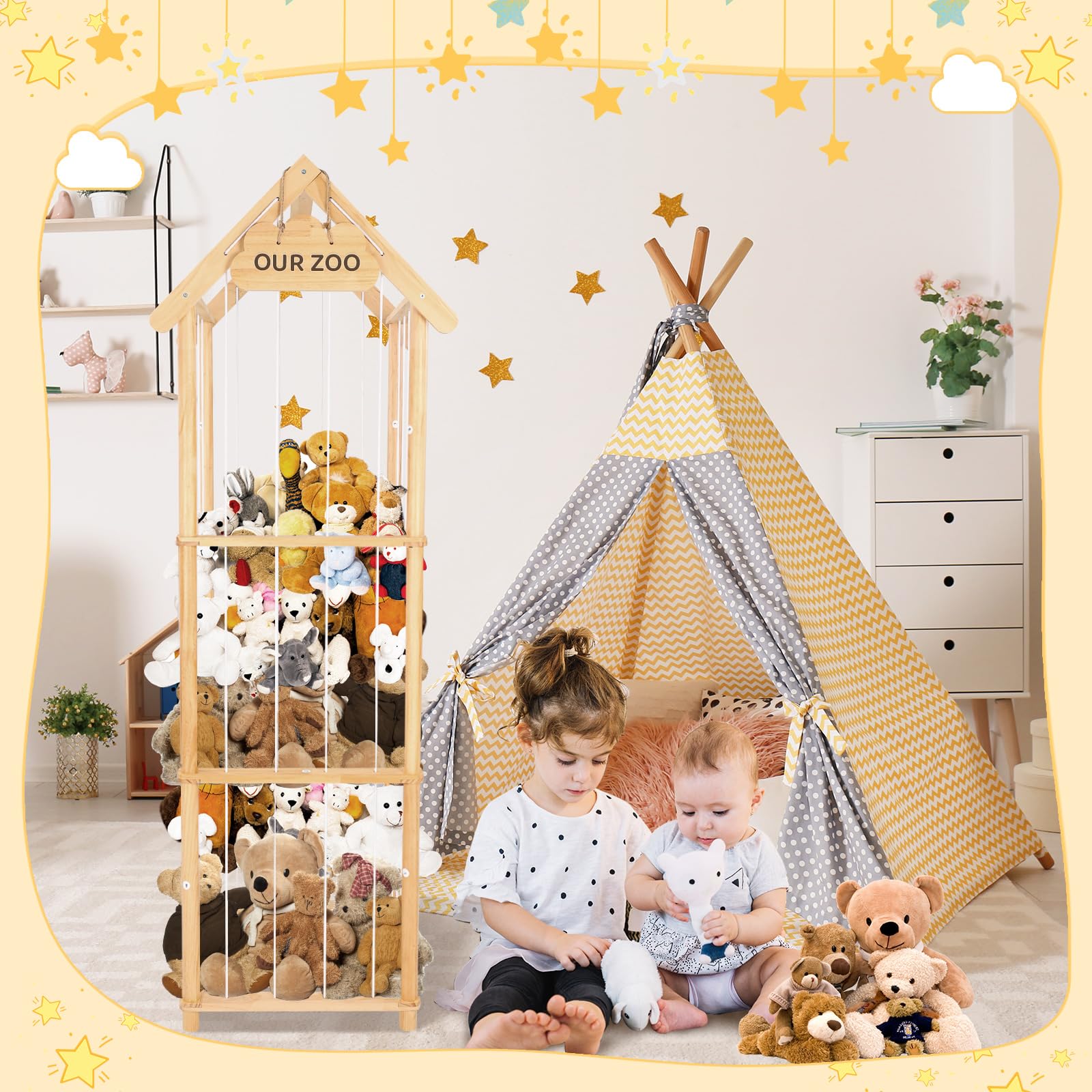 HOMIEE three-tier plush toy rack highlights large capacity storage for playroom clutter
