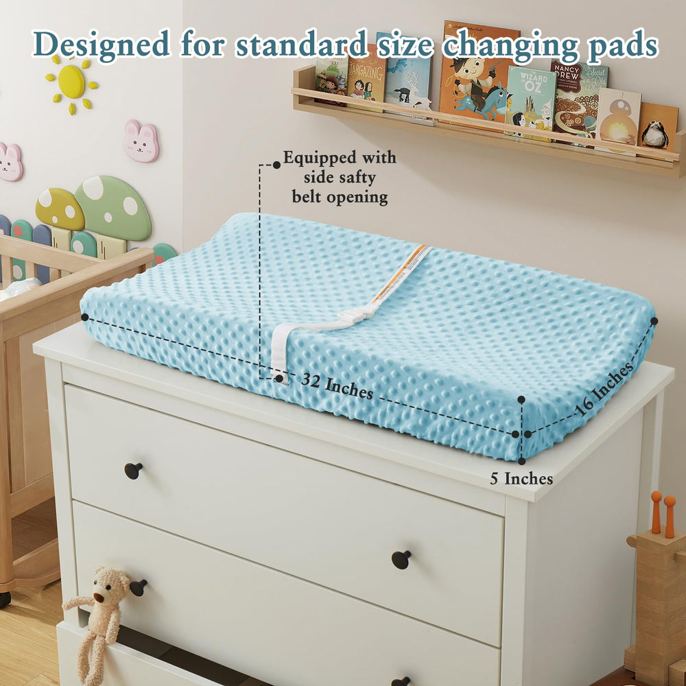 Homiest 32x16+5 inch depth image shows deep-pocket design preventing shifts during diaper changes.