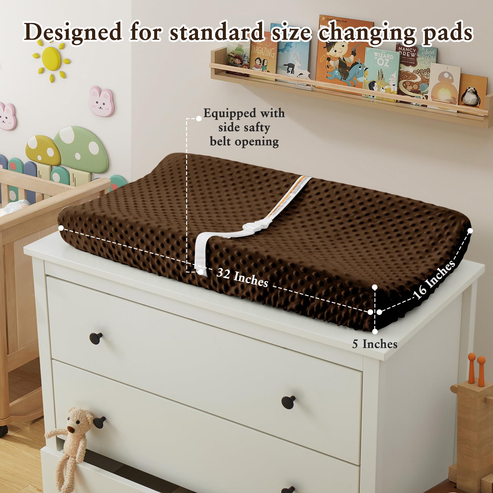 Homiest changing pad cover with 360-degree elastic edge securing the pad during changes.