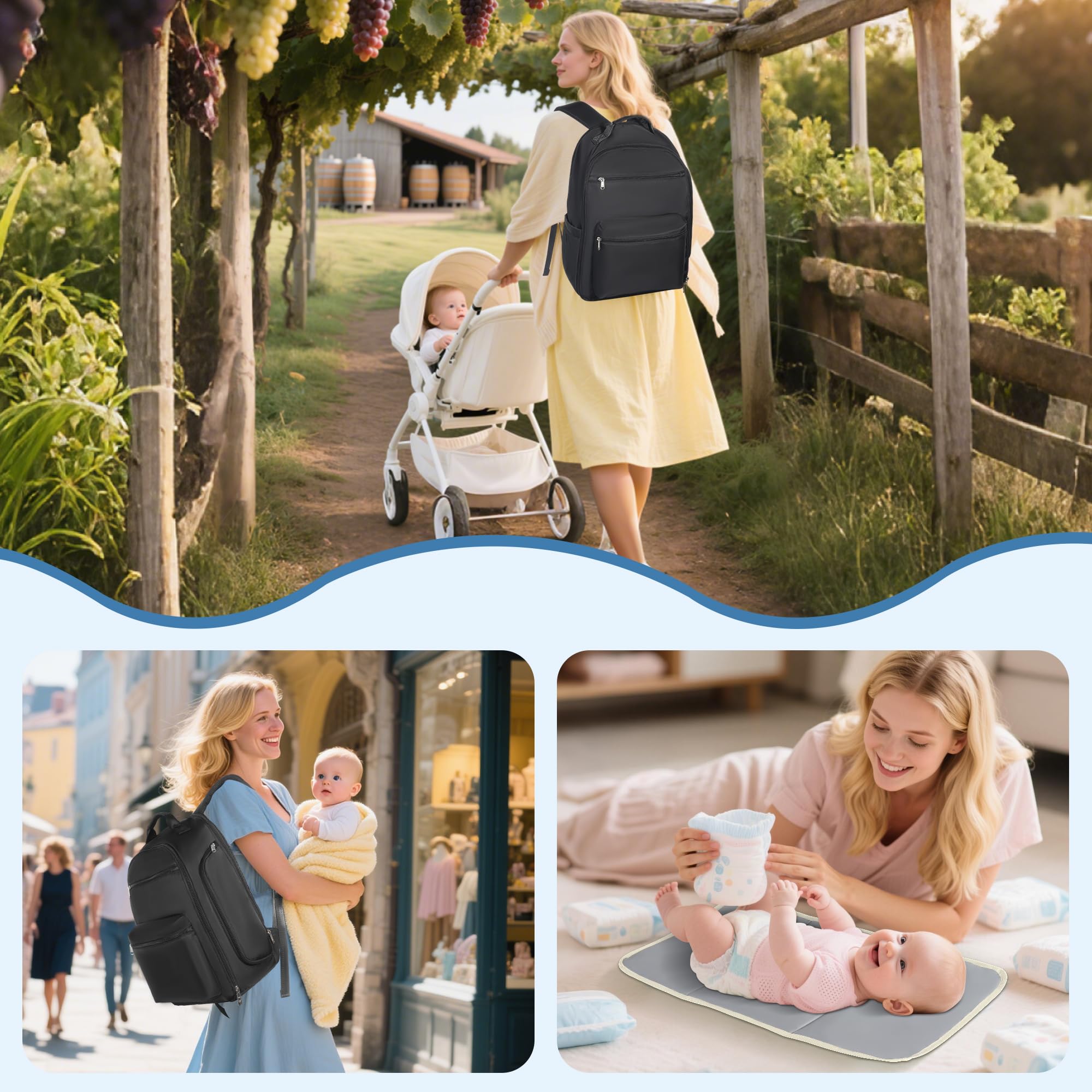 HOMIGLAM multi-pocket layout separates diapers, clothes, and wipes for easy access.