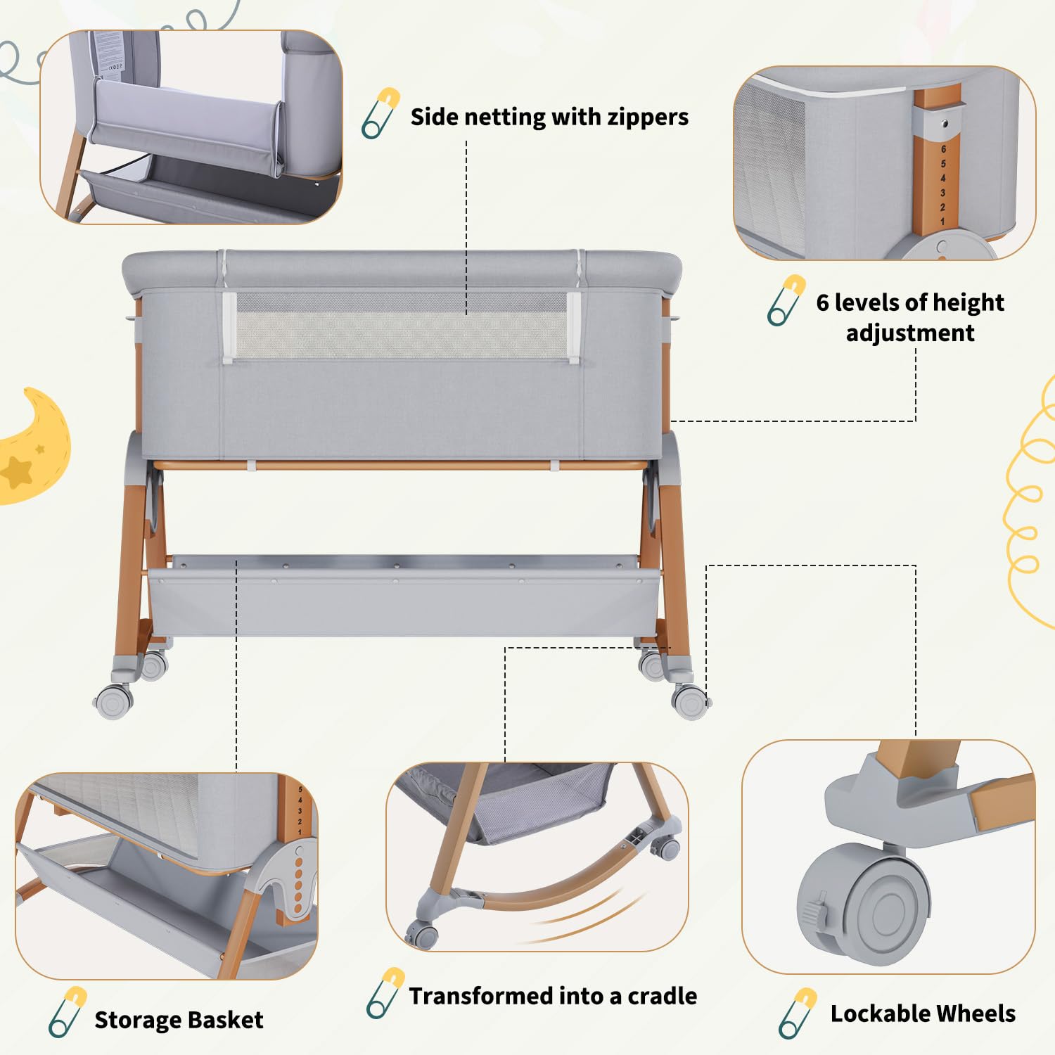 HOMMOW 3-in-1 bassinet shows 6-height adjustment for flexible placement beside bed or sofa