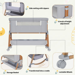 HOMMOW 3-in-1 bassinet shows 6-height adjustment for flexible placement beside bed or sofa