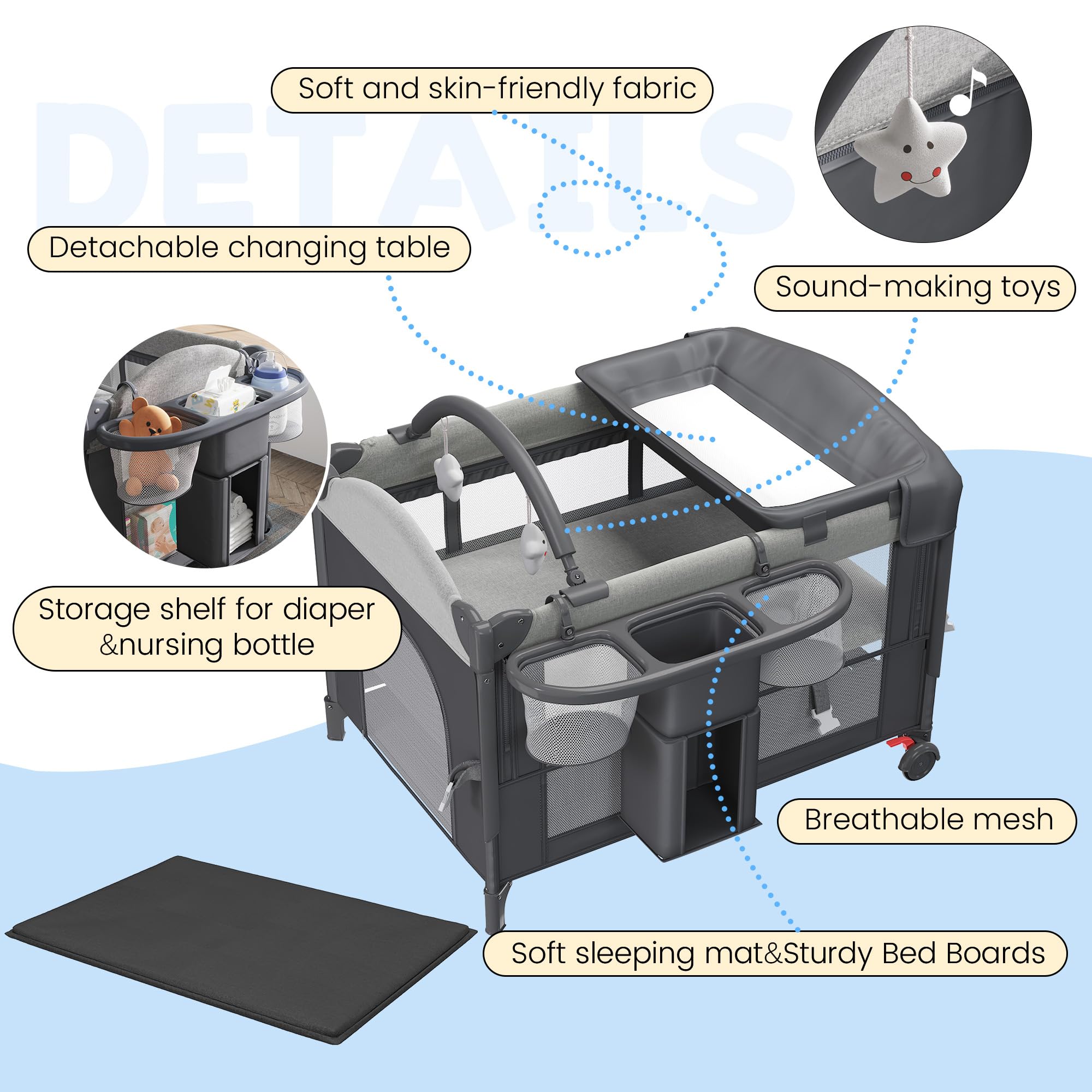 HOMMOW 5-in-1 bassinet in cradle mode offers compact, portable sleep space for small nurseries.