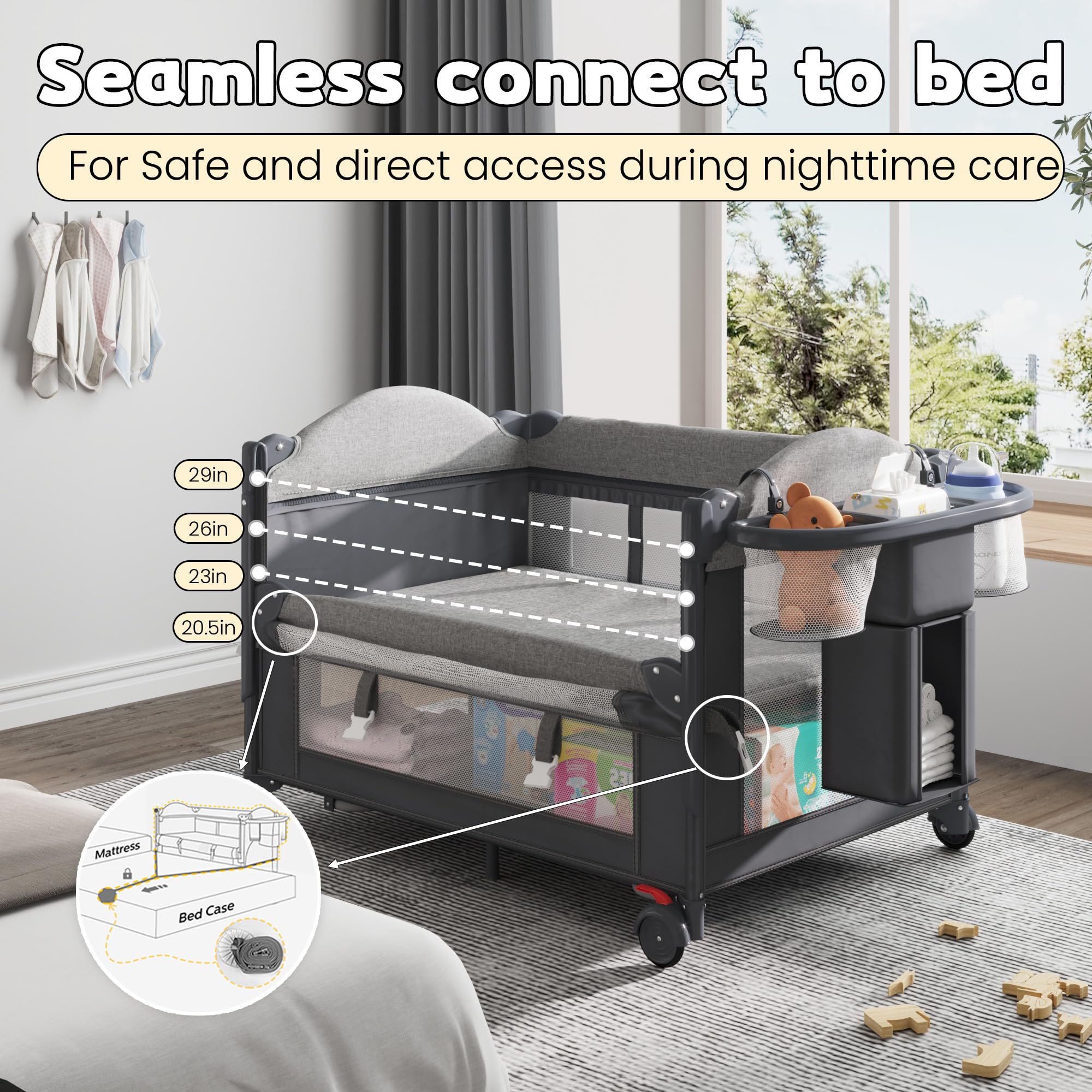 HOMMOW bassinet with detachable diaper changer enables convenient nighttime diaper changes.