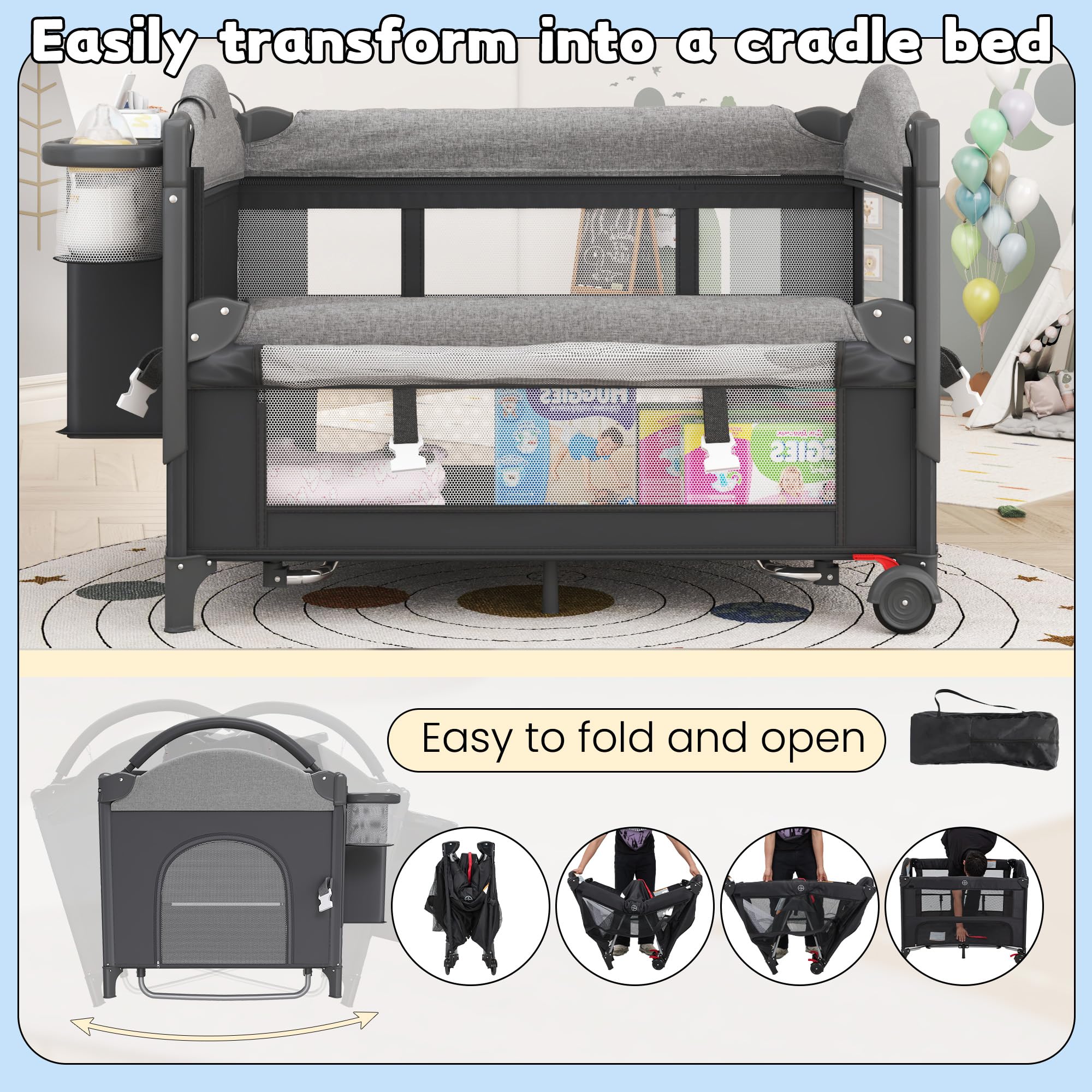 HOMMOW 5-in-1 bassinet storage pockets keep essentials organized and reachable.