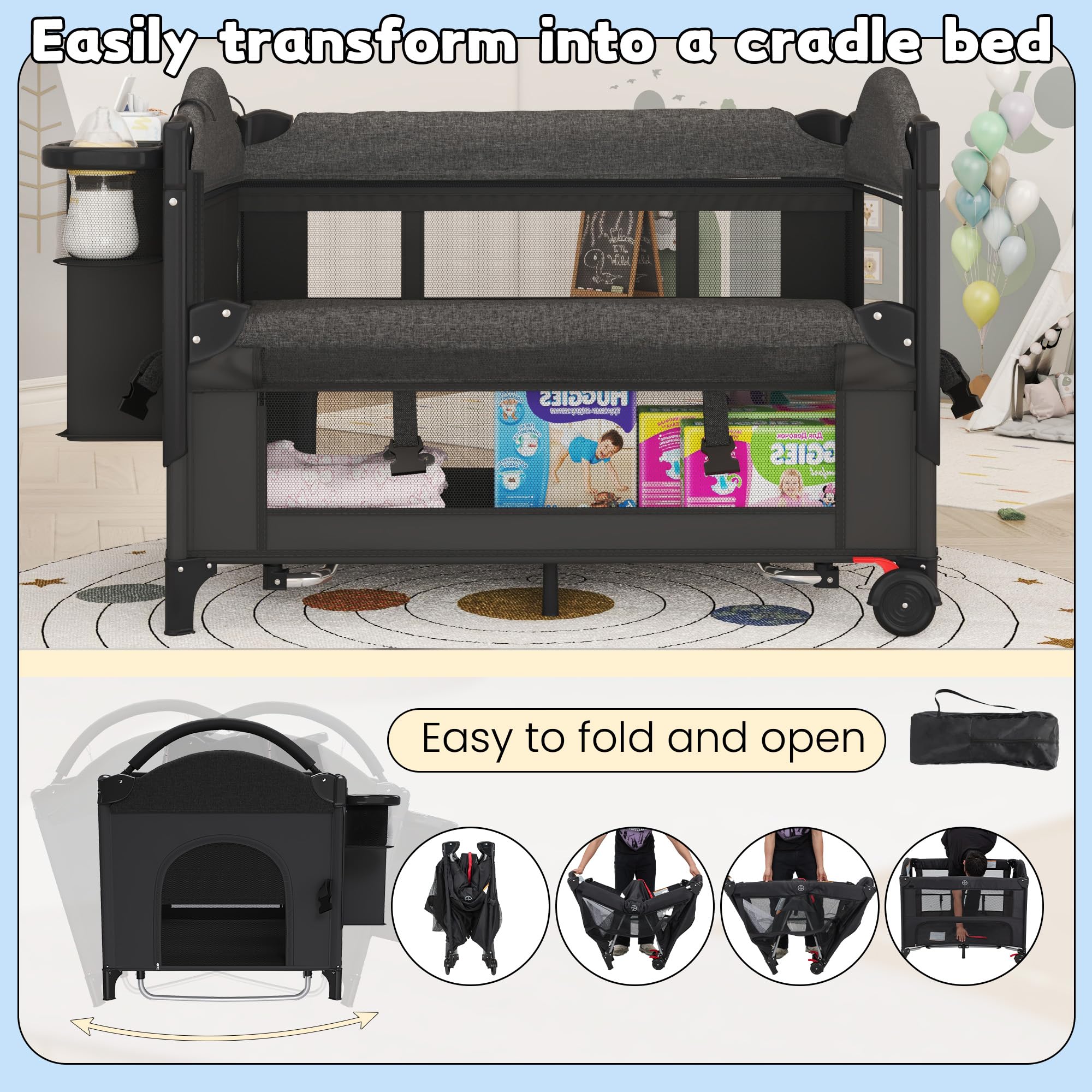 HOMMOW height-adjustable bassinet with wheels boosts bedside accessibility.