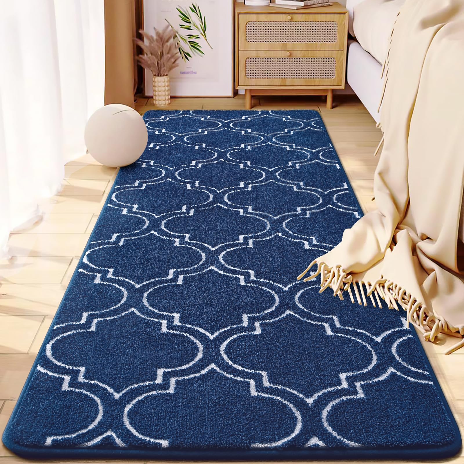 HOMORE 2x6 runner rug with navy-white geometry pattern for sophisticated living room decor.
