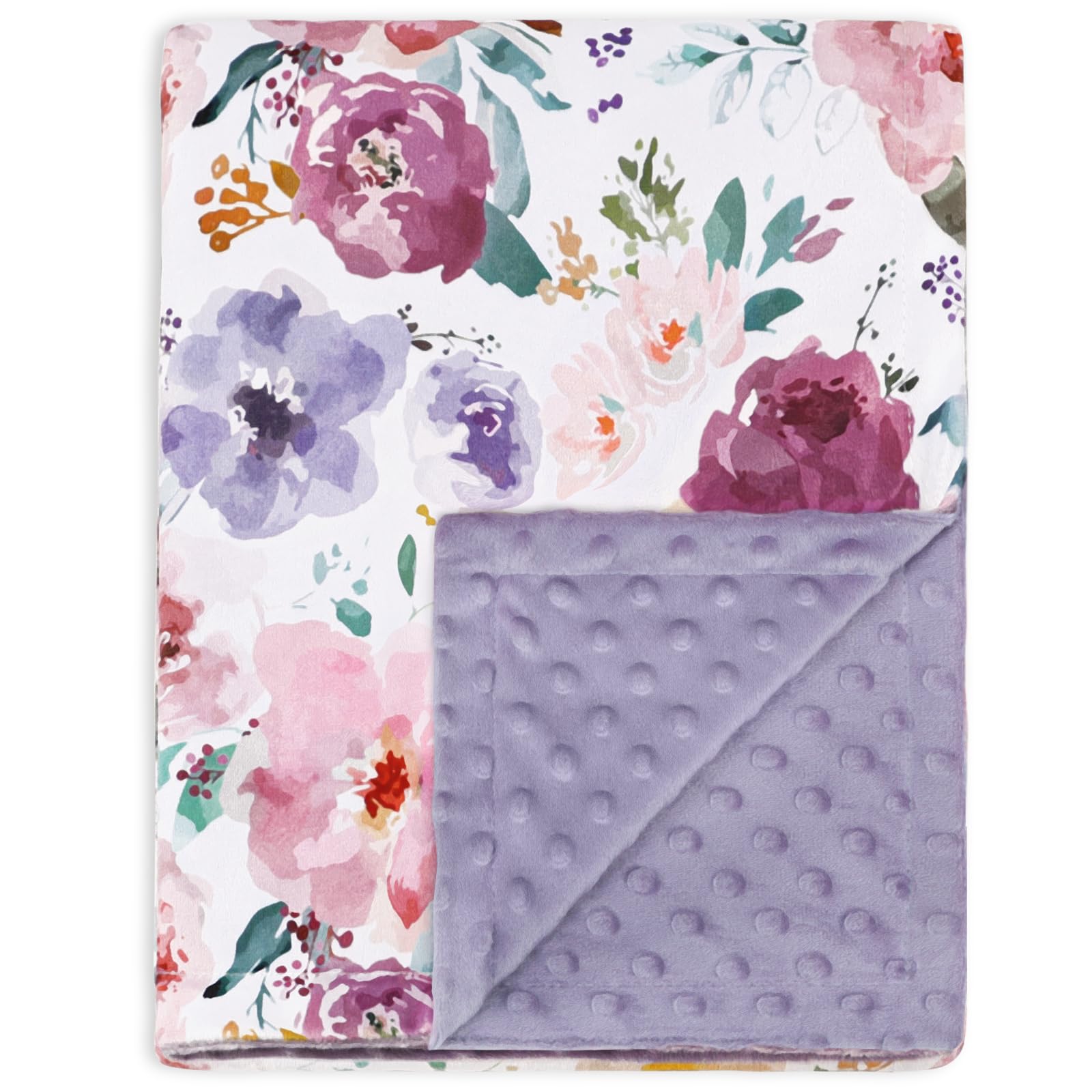 HOMRITAR baby blanket front shows soft purple floral minky texture for cozy snuggles.