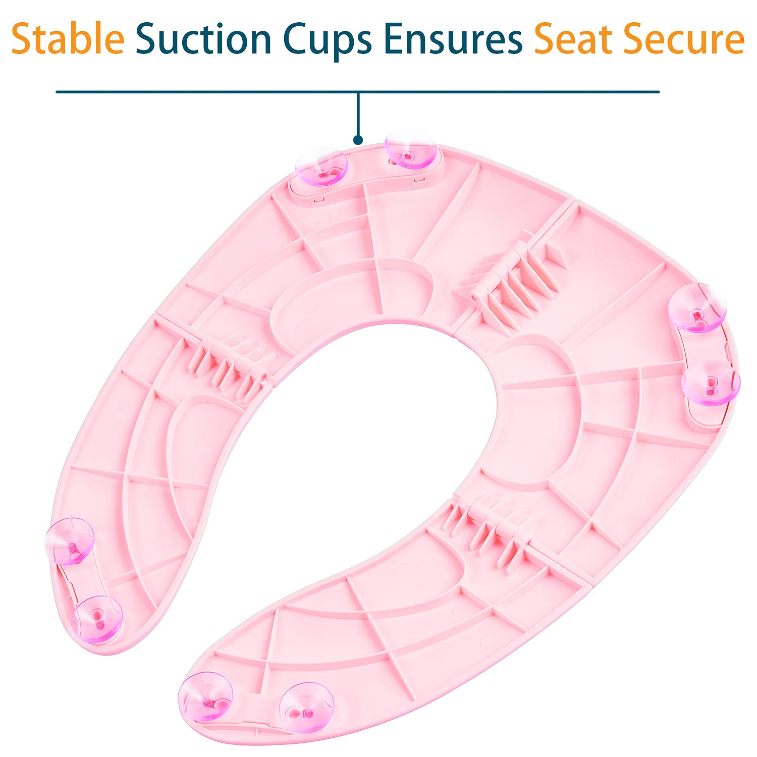 Homsis folding potty seat shows eight suction cups for stable use.