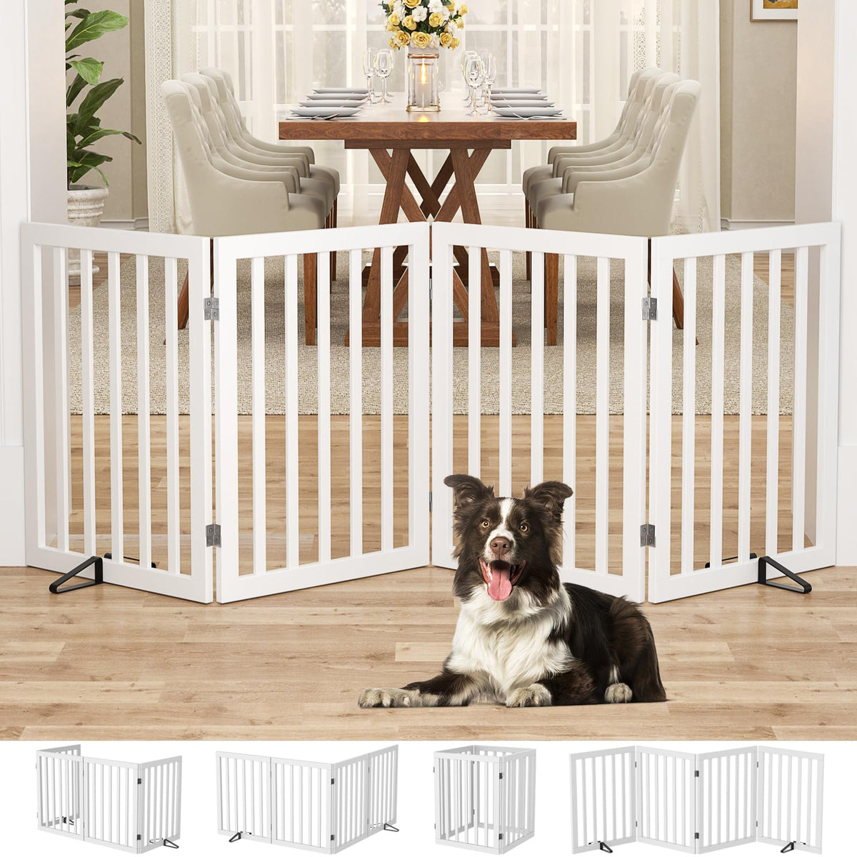 Homykic bamboo four-panel gate extended for wide doorway containment.