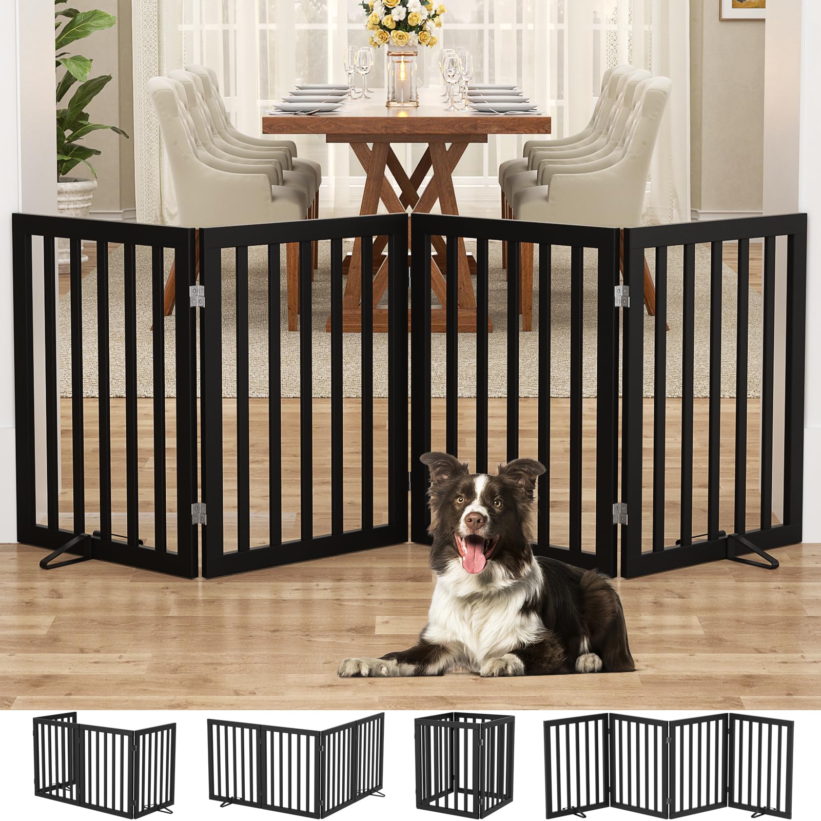 Homykic four-panel bamboo dog gate provides wide containment for pets.