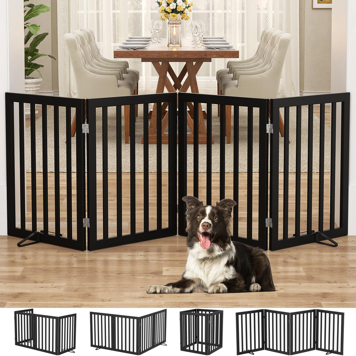 Homykic four-panel bamboo dog gate provides wide containment for pets.