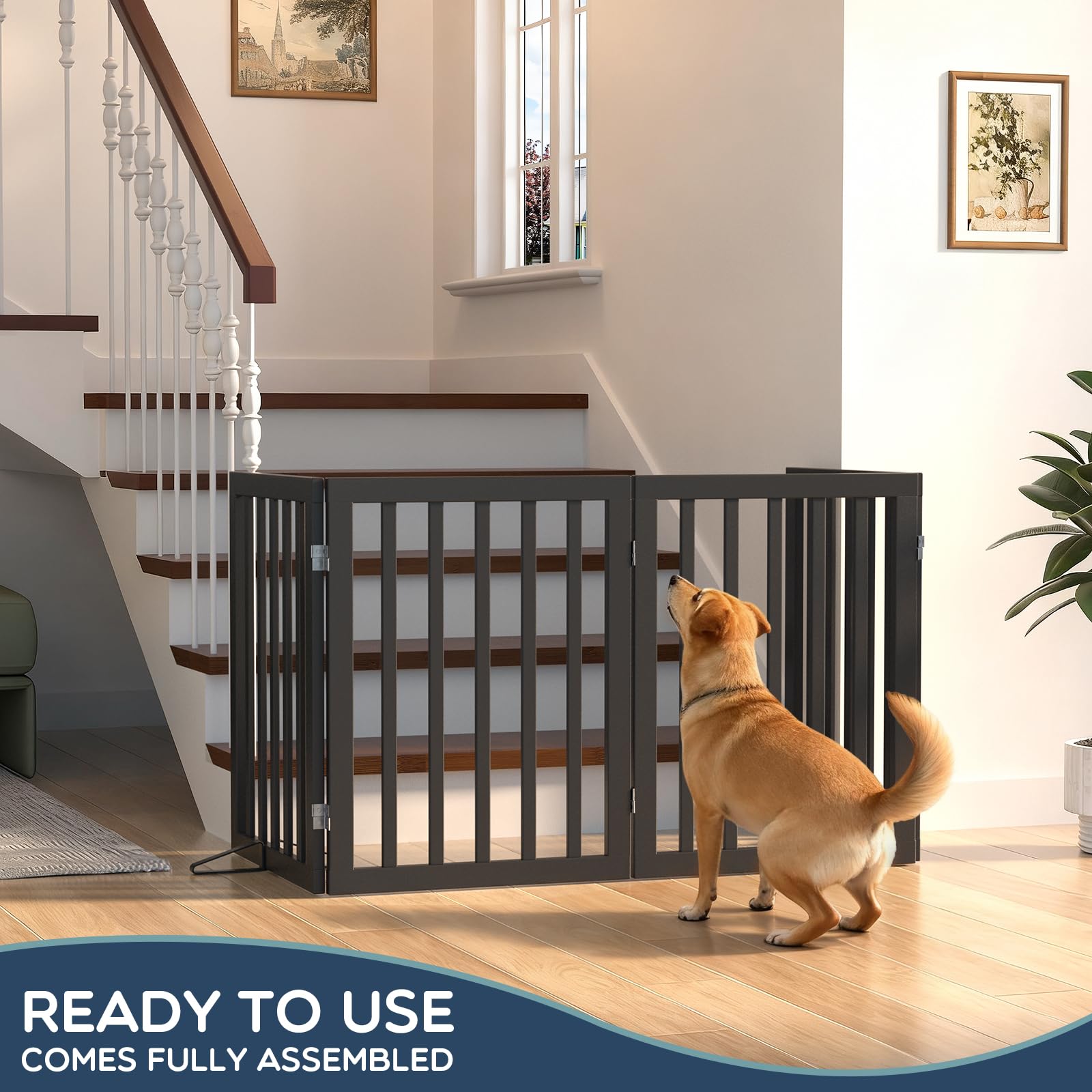 Homykic gate with support feet stabilizes on floors without scratches.